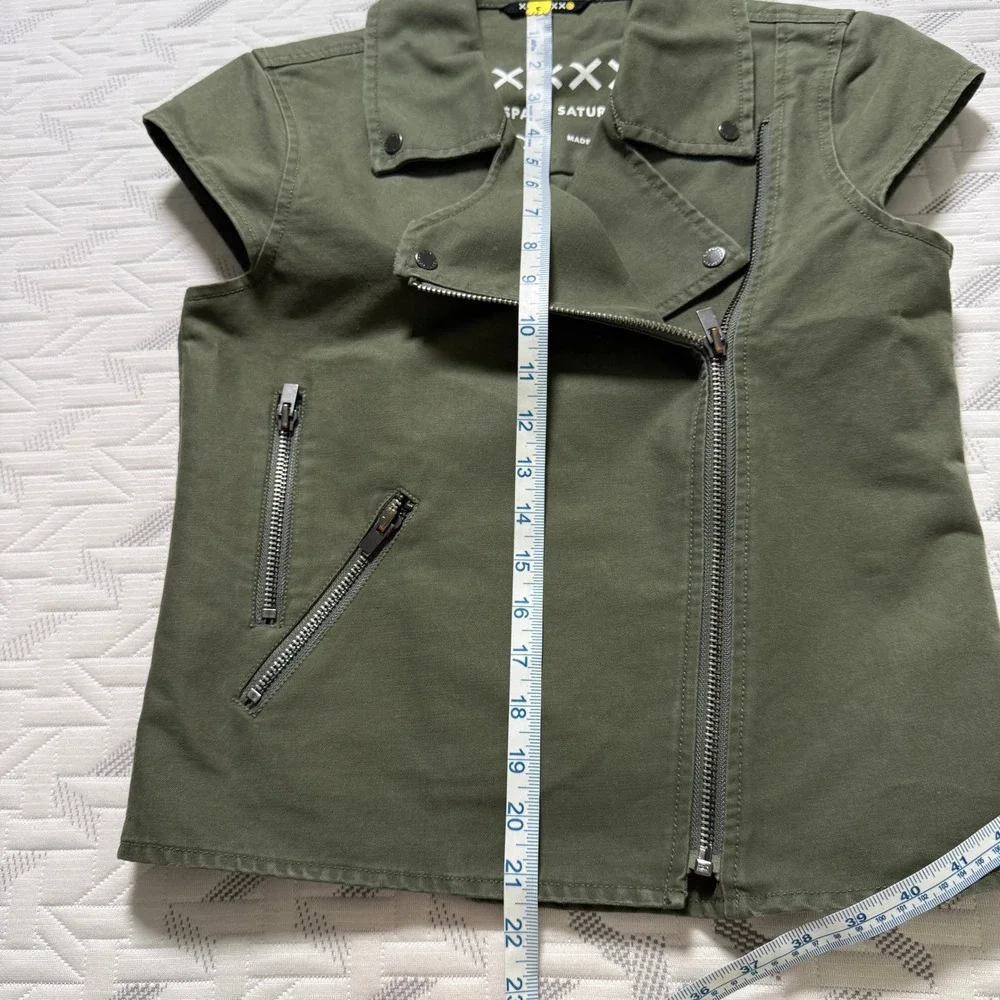 KATE SPADE Saturday Moto Vest Women XS Olive Green Cotton Asymmetrical Zip Biker